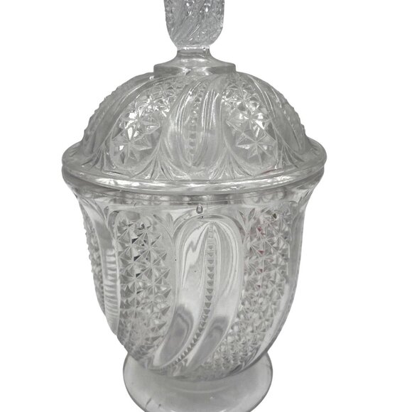 Vintage Glass EAPG Candy Dish Lid Clear Pressed Glass Swirl Feather Diamond Patt - Picture 1 of 8